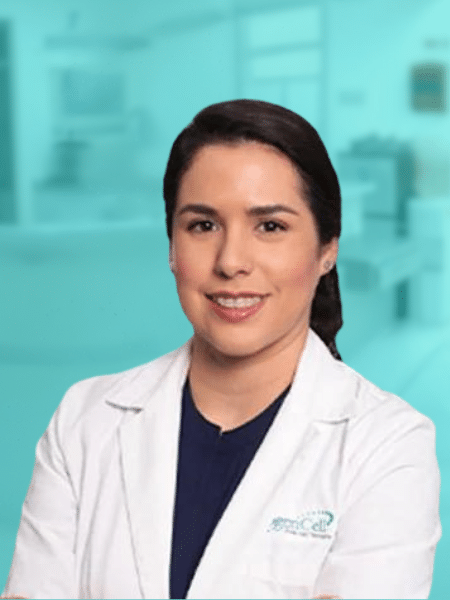Headshot of Dr. Espinoza with TreVita Mexico Stem Cell Treatment Branded Color in background.