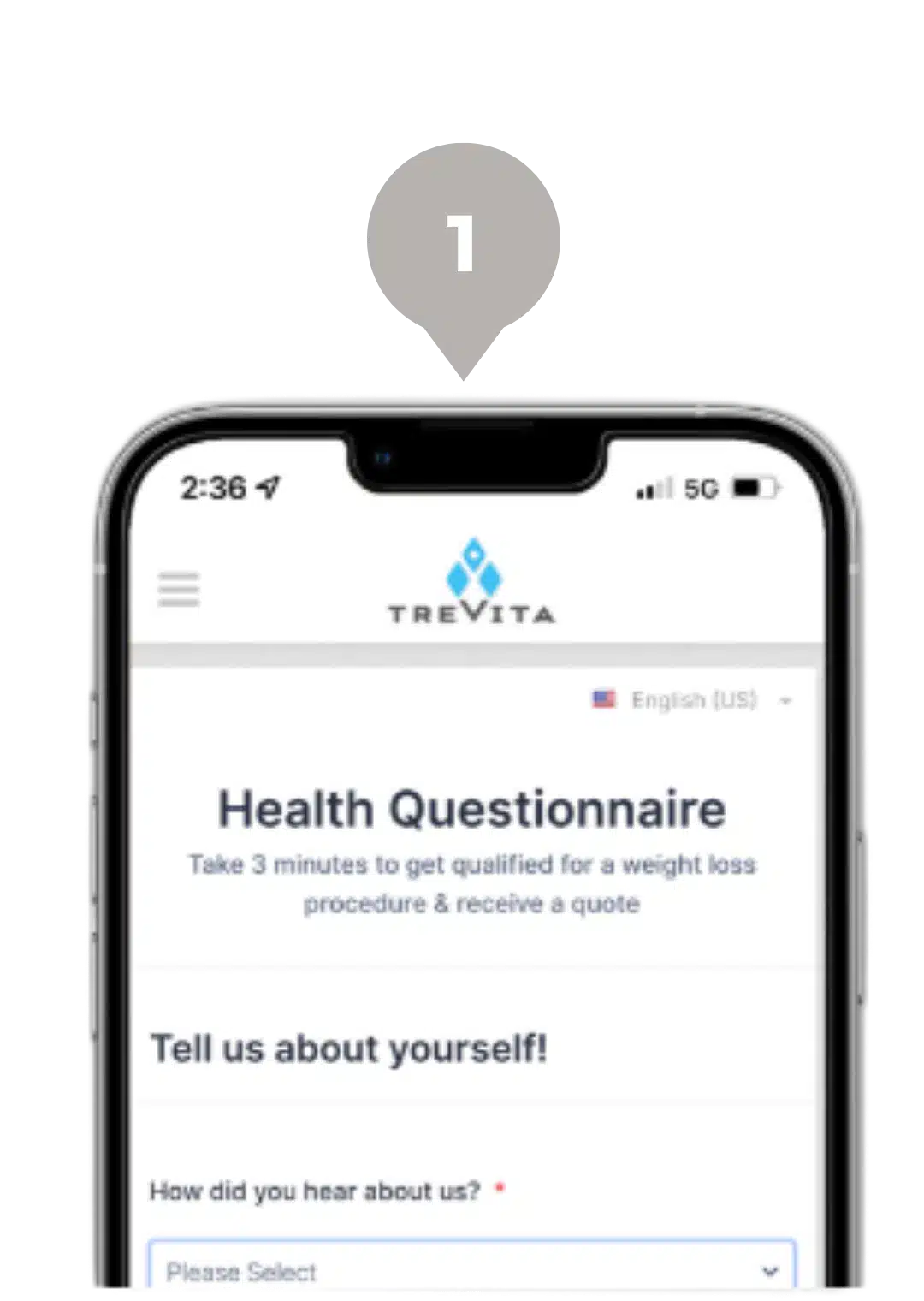 Smartphone screen showing the first step of TreVita's medical tourism process.